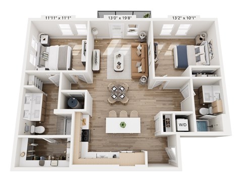 Floor plan for 2 beds, 2 baths, 1128 sqft